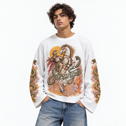 Model wearing Conquest Waffle tee