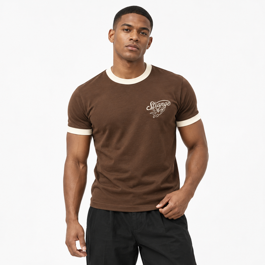 Model wearing Espresso Ringer tee