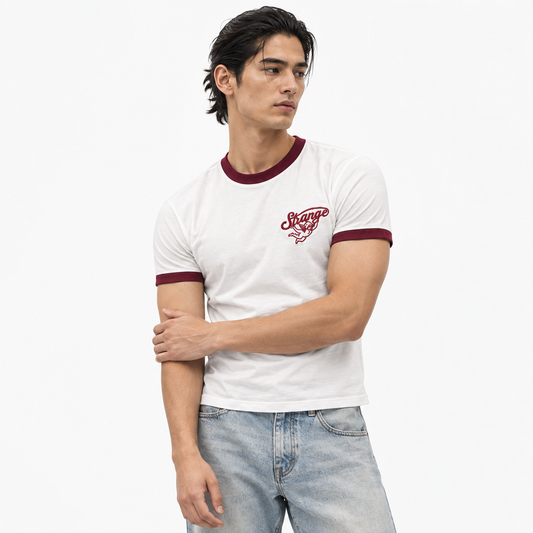 Model wearing Flat White Ringer tee