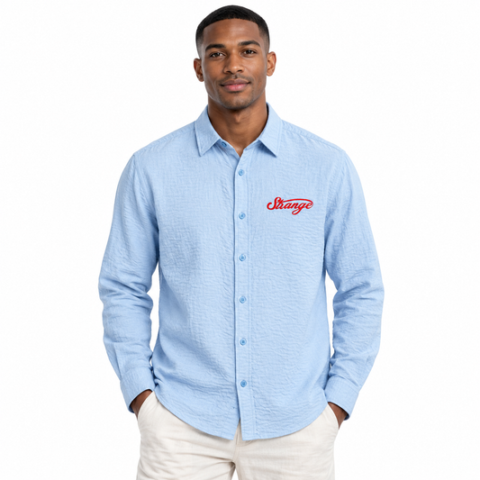 Resort Linen Shirt Blue front model image