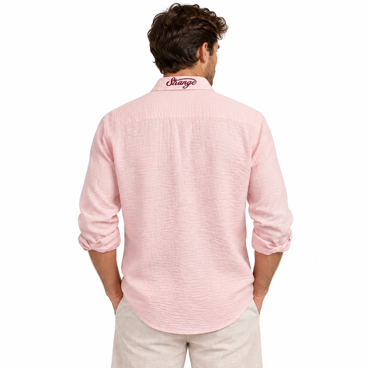 Resort Linen Shirt Pink back model image