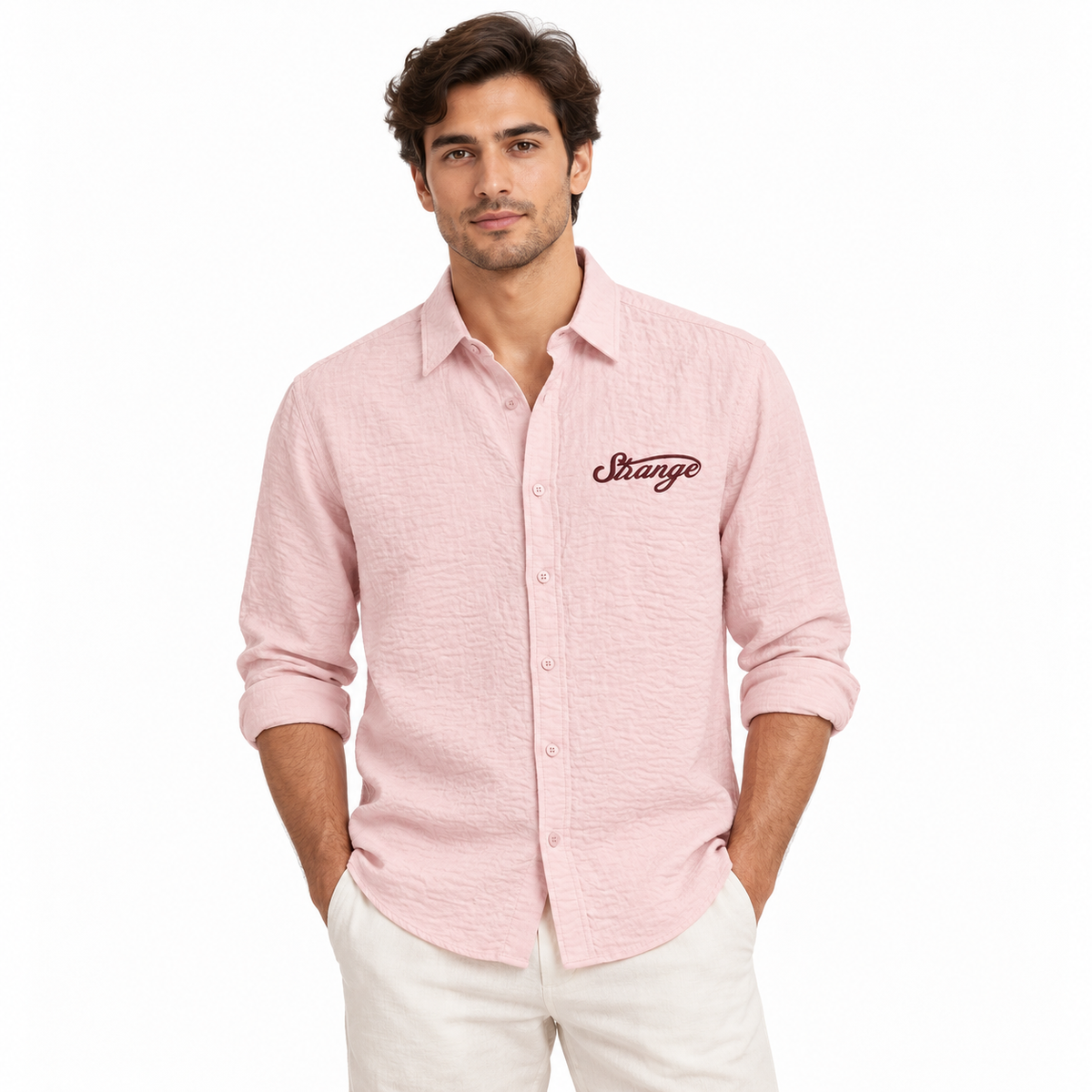Resort Linen Shirt Pink front model image